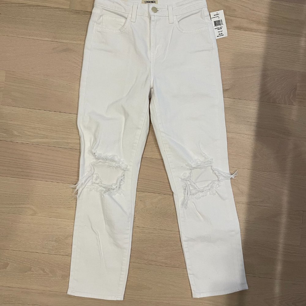 NEW NWT L'Agence Audrina Ripped Straight-Leg Cropped Jeans Blanc Size 24